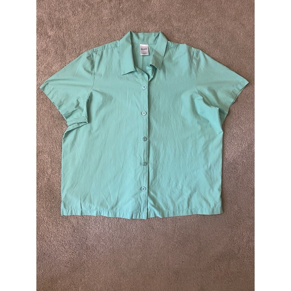 BLAIR Mint Green Cotton Button Down Short Sleeve Shirt Grandmacore Women’s XL